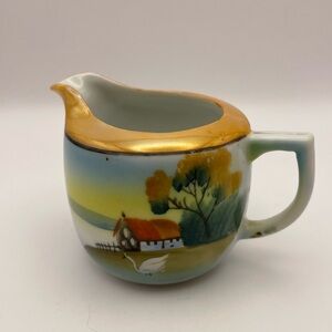 Vintage, Hand Painted, Japanese, Gold Lusterware Creamer, Lake House with Swan